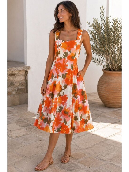 Joie Dresses & Skirts - Joie Women's Orange/Pink Floral Sleeveless Linen Blend Midi Dress Size 4